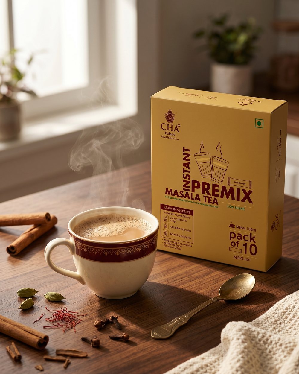 Brass kettle pouring masala chai