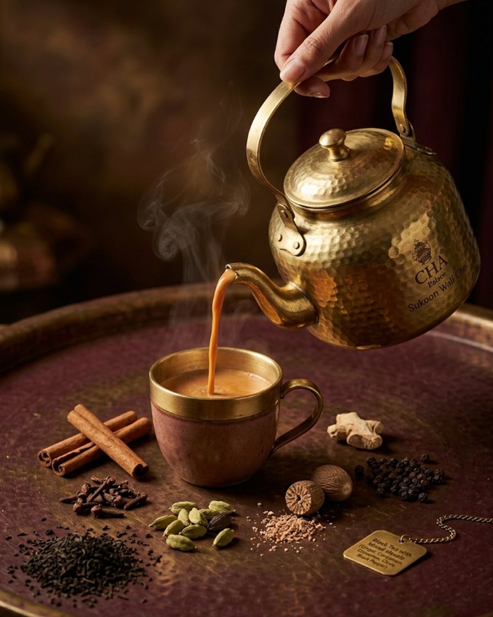 Brass kettle pouring fresh masala chai with whole spices